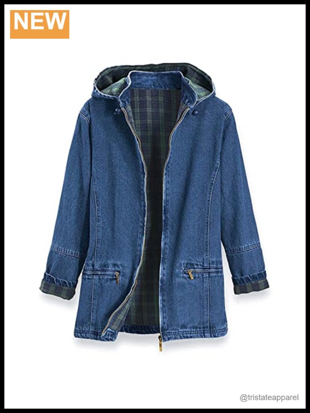 Flannel Lined Denim Jacket Detachable Hood Zip Front Women's Coat